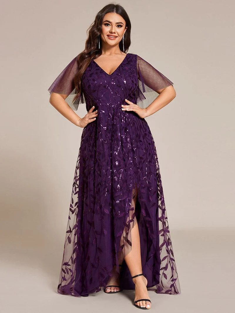 pretty ALIX|Robes de soirée pailletées à fente haute et col en V de grande taille