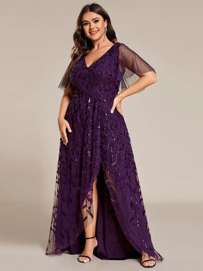 pretty ALIX|Robes de soirée pailletées à fente haute et col en V de grande taille