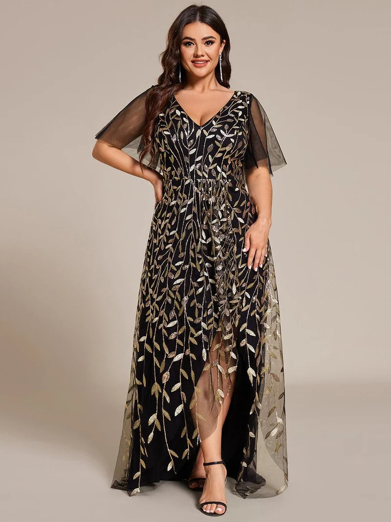 pretty ALIX|Robes de soirée pailletées à fente haute et col en V de grande taille