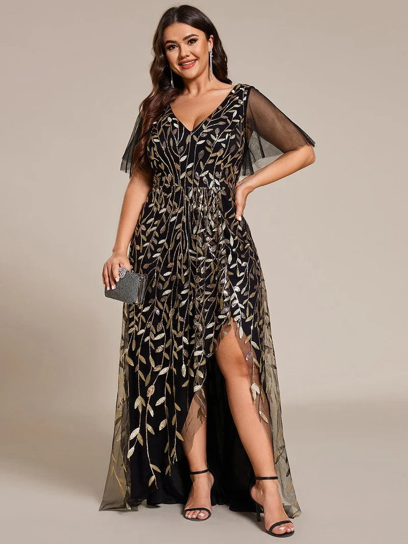 pretty ALIX|Robes de soirée pailletées à fente haute et col en V de grande taille
