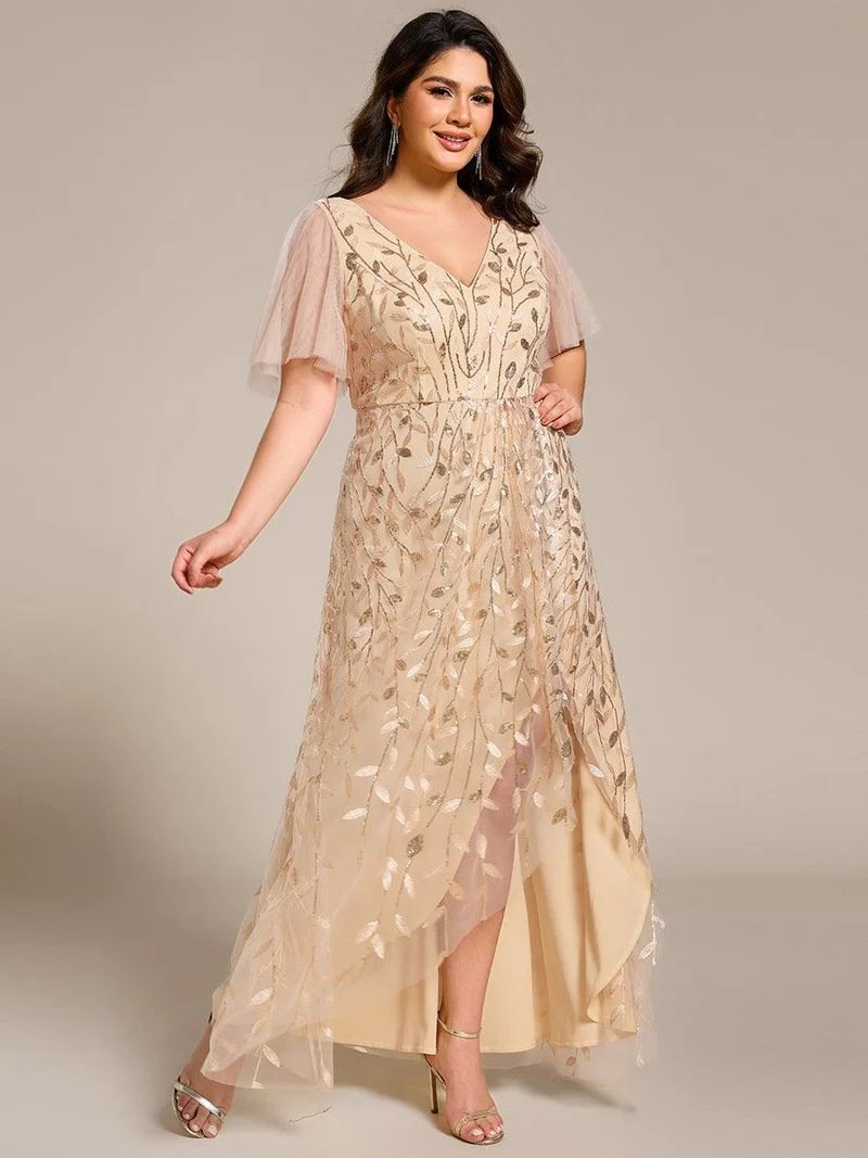 pretty ALIX|Robes de soirée pailletées à fente haute et col en V de grande taille