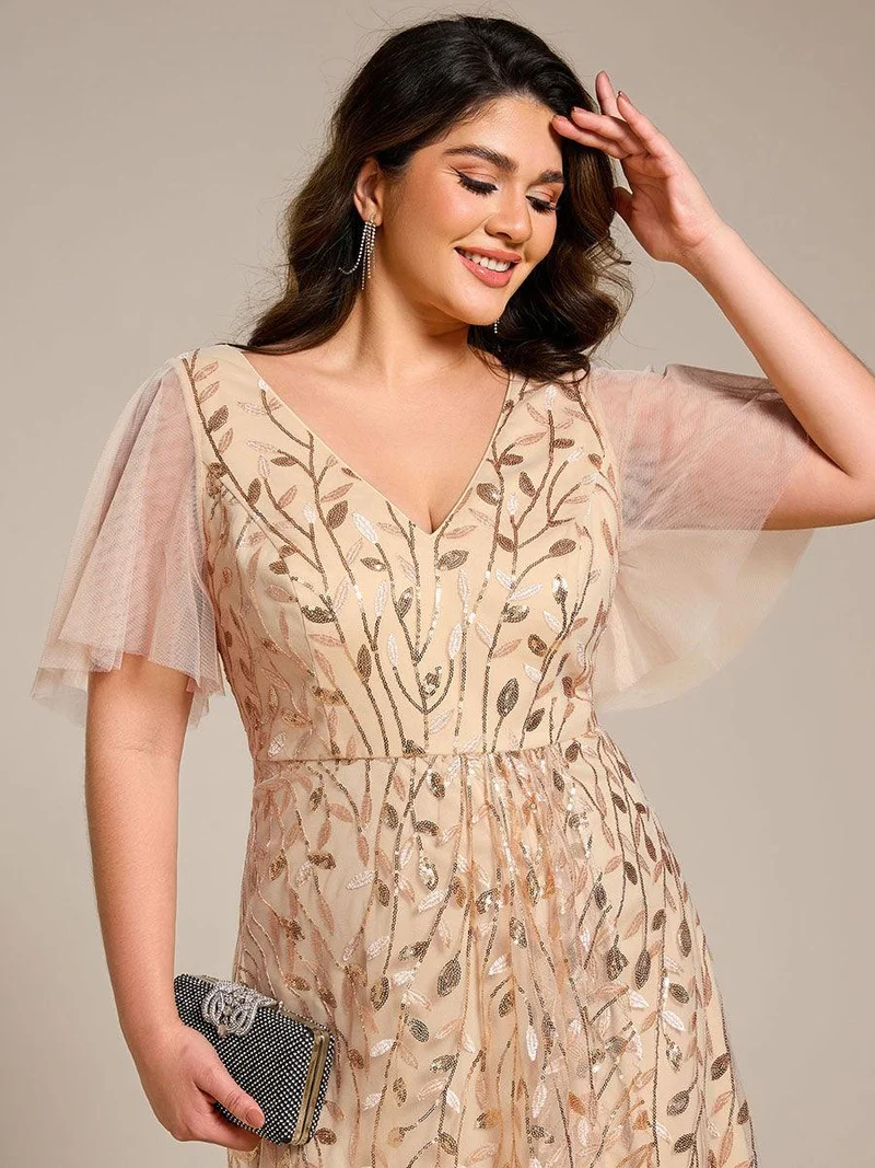 pretty ALIX|Robes de soirée pailletées à fente haute et col en V de grande taille