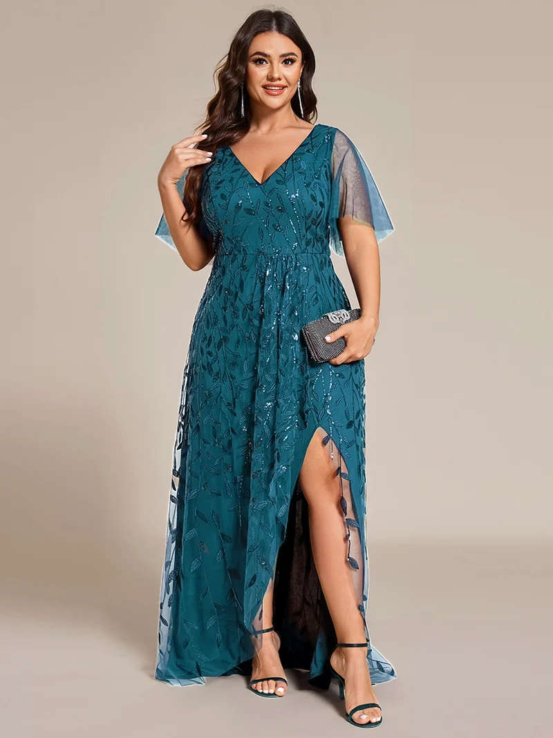 pretty ALIX|Robes de soirée pailletées à fente haute et col en V de grande taille