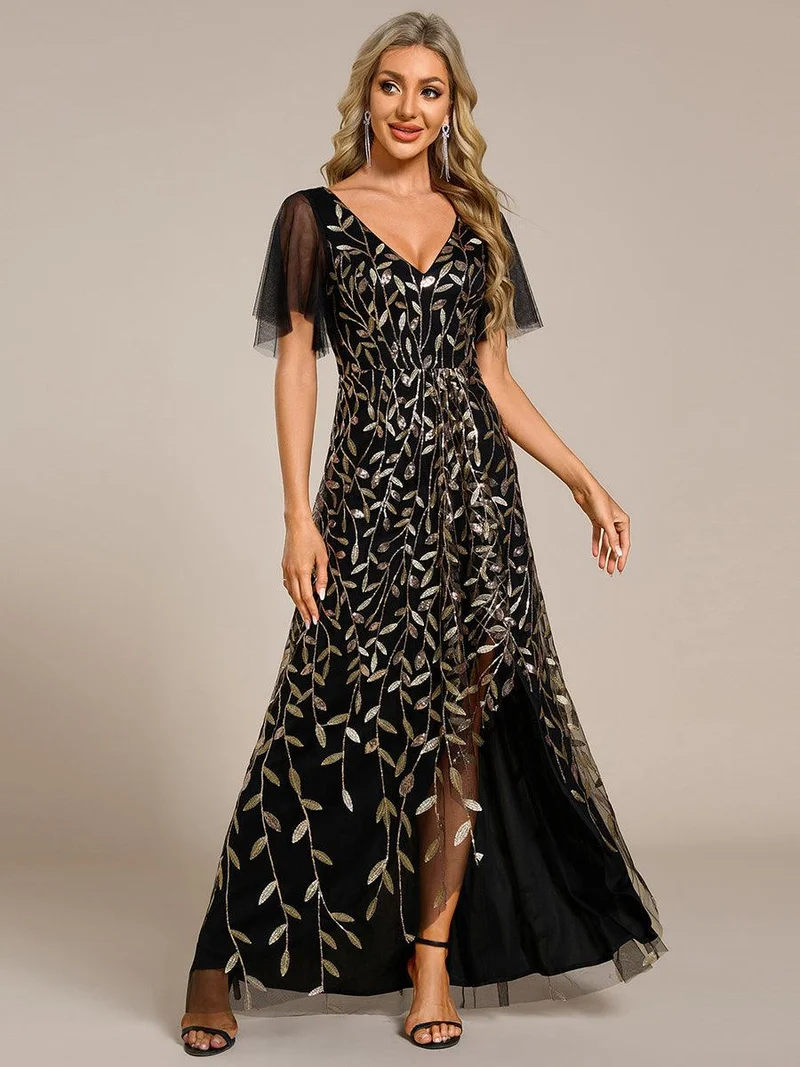 ever ALIX|Robes de soirée pailletées à col en V et fente haute