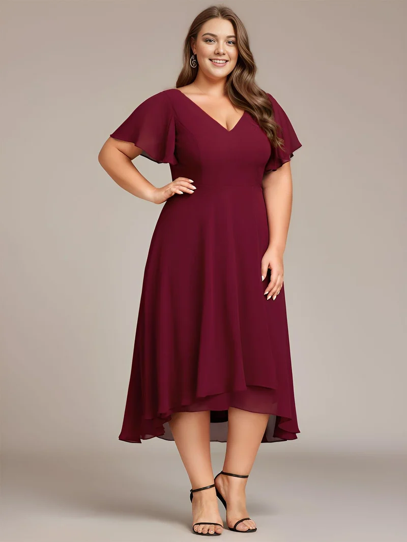 pretty AALIA|Robe d'invité de mariage en mousseline de soie grande taille avec col en V et manches à volants