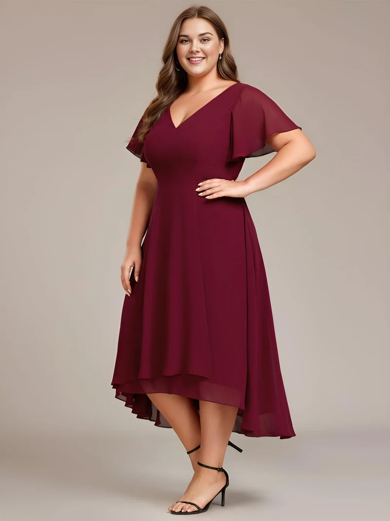 pretty AALIA|Robe d'invité de mariage en mousseline de soie grande taille avec col en V et manches à volants