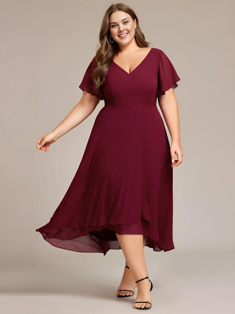 pretty AALIA|Robe d'invité de mariage en mousseline de soie grande taille avec col en V et manches à volants