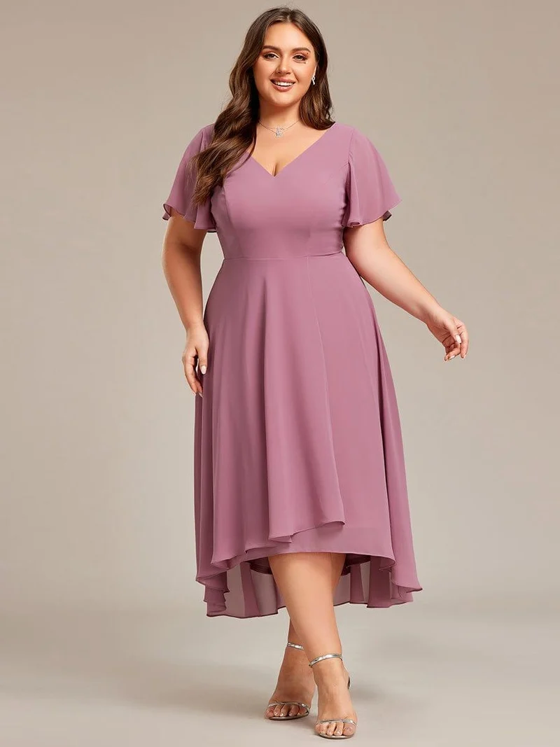 pretty AALIA|Robe d'invité de mariage en mousseline de soie grande taille avec col en V et manches à volants