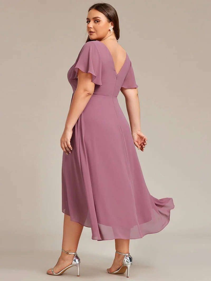 pretty AALIA|Robe d'invité de mariage en mousseline de soie grande taille avec col en V et manches à volants