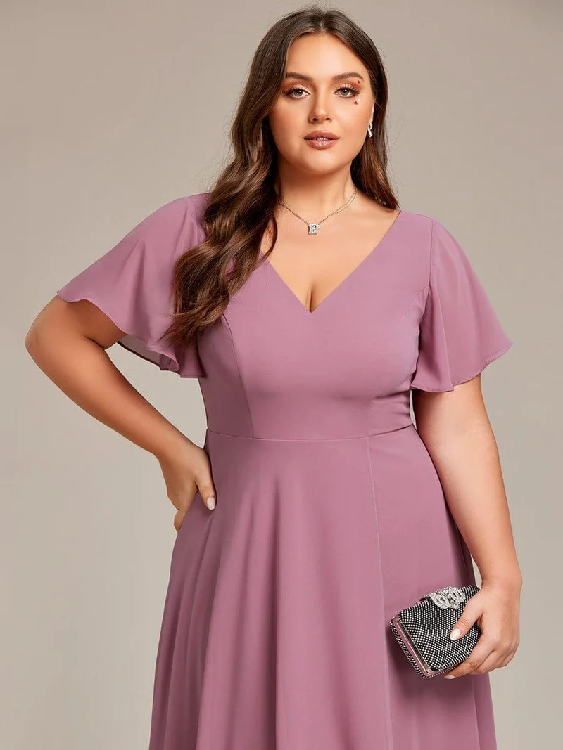 pretty AALIA|Robe d'invité de mariage en mousseline de soie grande taille avec col en V et manches à volants