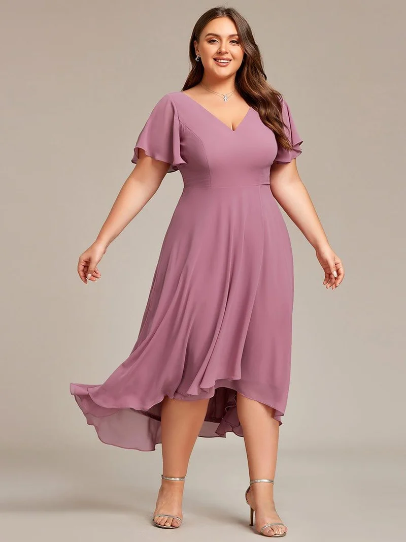 pretty AALIA|Robe d'invité de mariage en mousseline de soie grande taille avec col en V et manches à volants