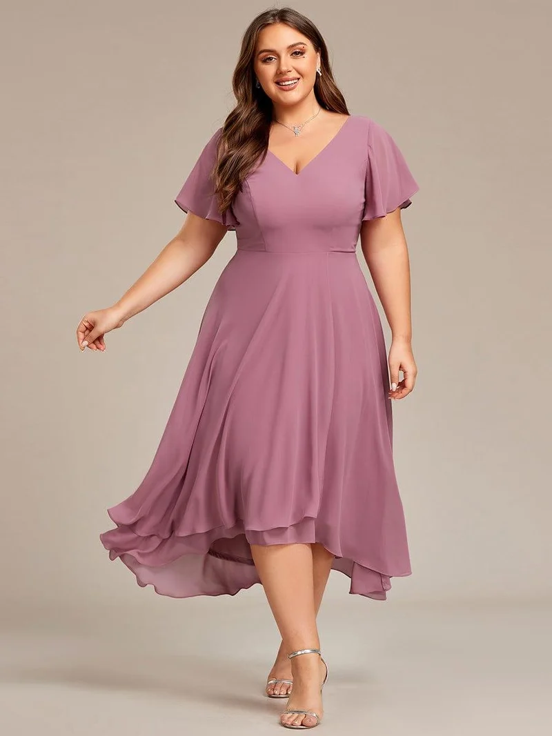pretty AALIA|Robe d'invité de mariage en mousseline de soie grande taille avec col en V et manches à volants