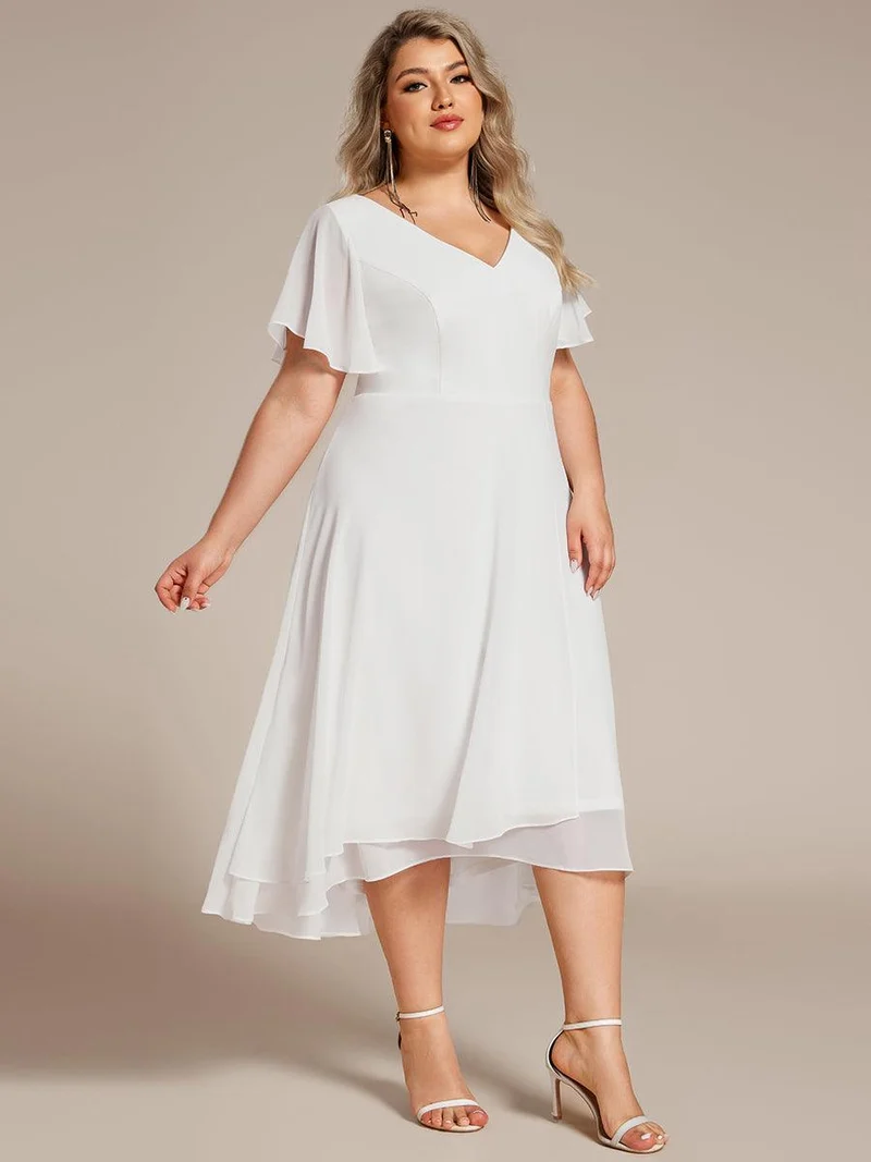pretty AALIA|Robe d'invité de mariage en mousseline de soie grande taille avec col en V et manches à volants