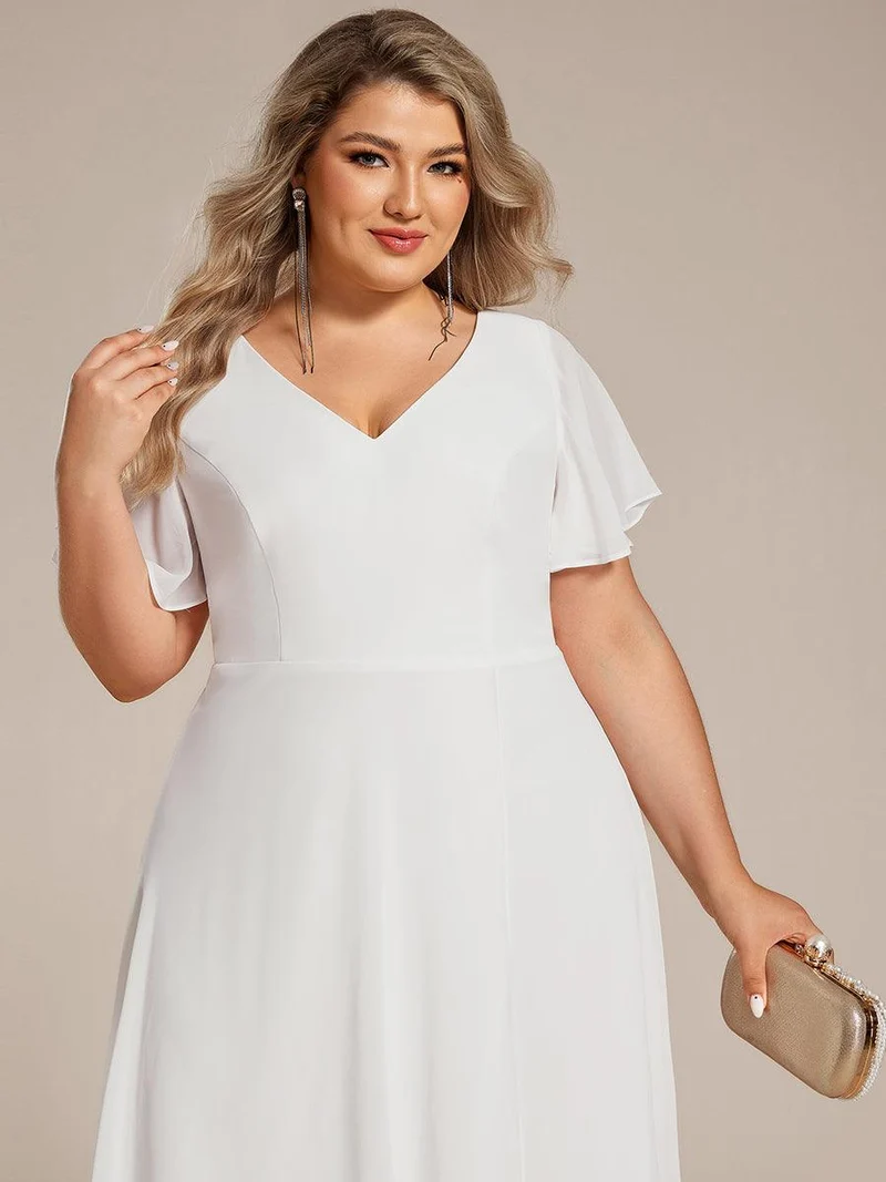 pretty AALIA|Robe d'invité de mariage en mousseline de soie grande taille avec col en V et manches à volants