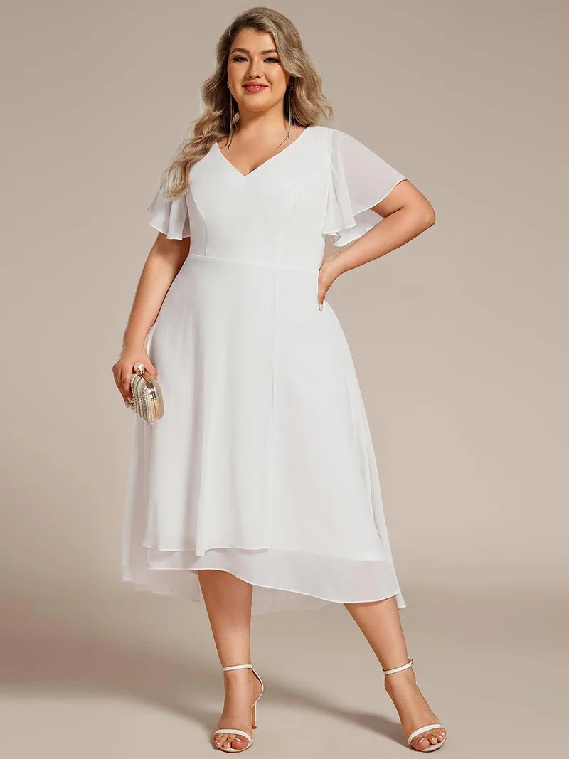 pretty AALIA|Robe d'invité de mariage en mousseline de soie grande taille avec col en V et manches à volants