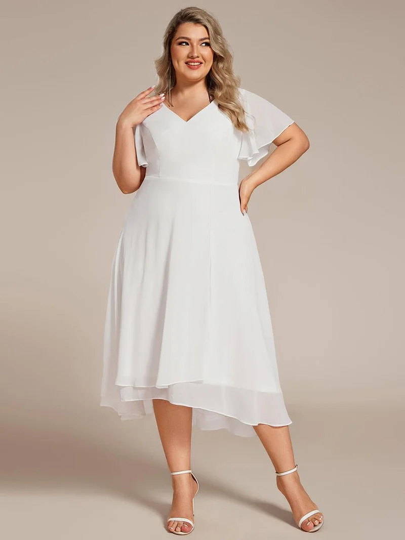 pretty AALIA|Robe d'invité de mariage en mousseline de soie grande taille avec col en V et manches à volants