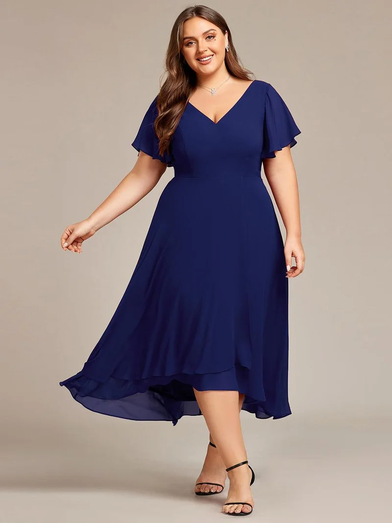 pretty AALIA|Robe d'invité de mariage en mousseline de soie grande taille avec col en V et manches à volants