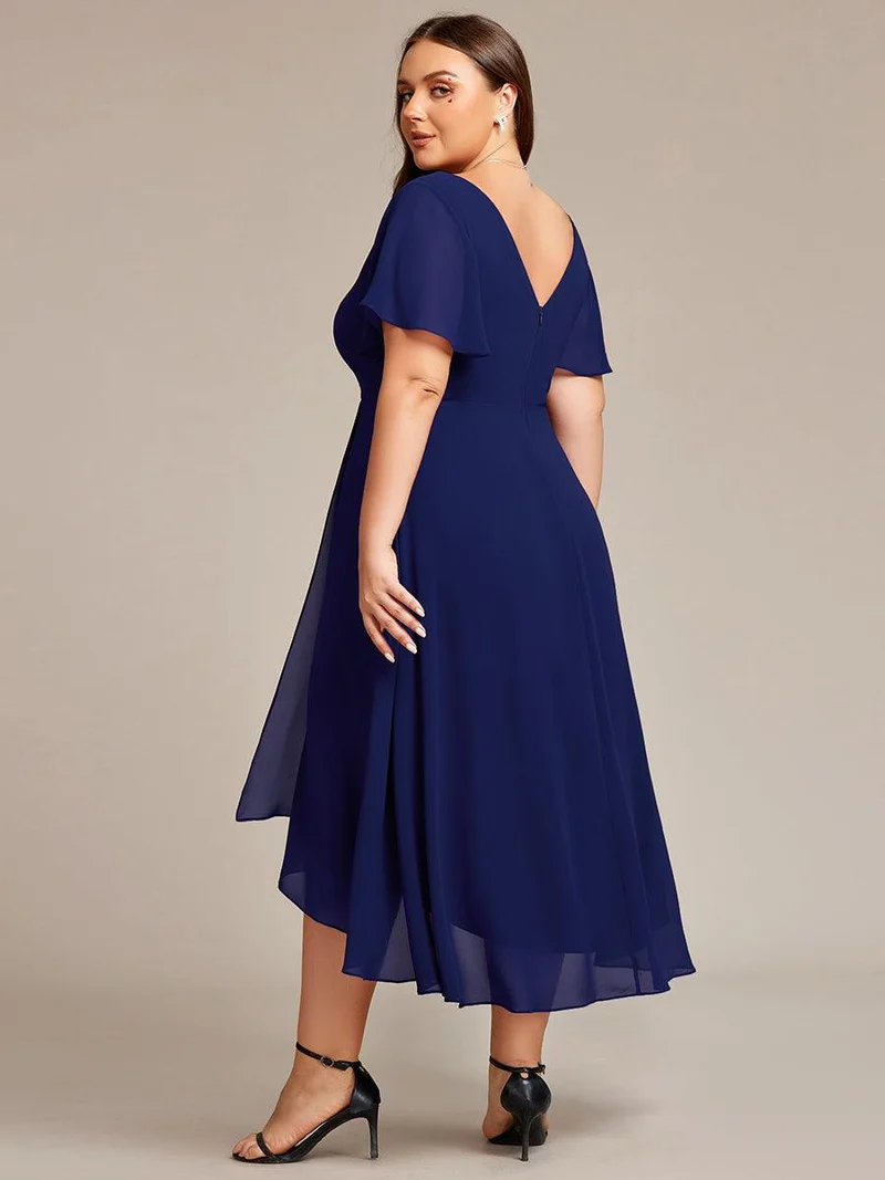 pretty AALIA|Robe d'invité de mariage en mousseline de soie grande taille avec col en V et manches à volants