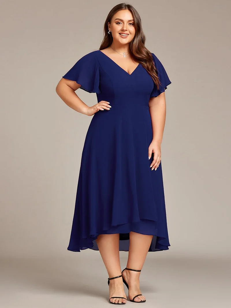 pretty AALIA|Robe d'invité de mariage en mousseline de soie grande taille avec col en V et manches à volants