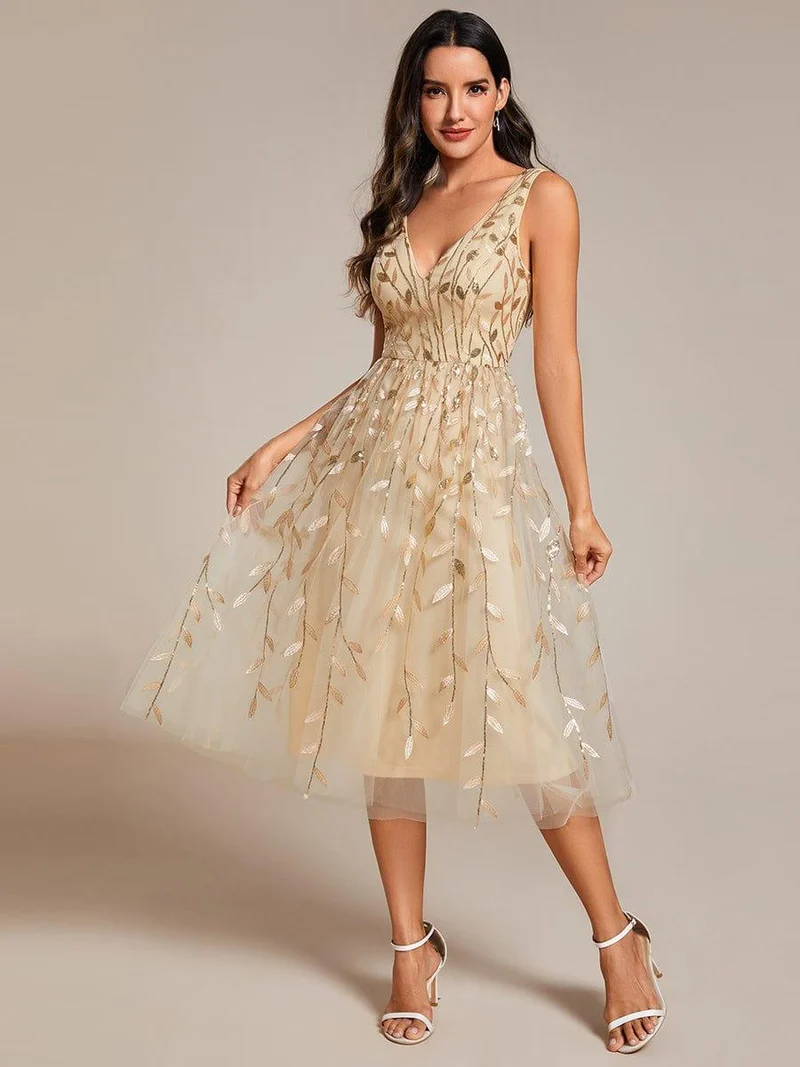 ever ROUX|Robe d'invité de mariage mi-longue trapèze à col en V et paillettes avec sans manches(Vente finale)