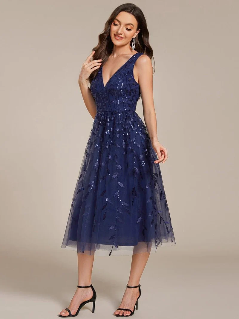 ever ROUX|Robe d'invité de mariage mi-longue trapèze à col en V et paillettes avec sans manches(Vente finale)