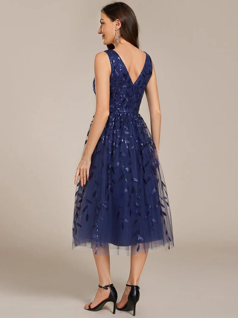 ever ROUX|Robe d'invité de mariage mi-longue trapèze à col en V et paillettes avec sans manches(Vente finale)