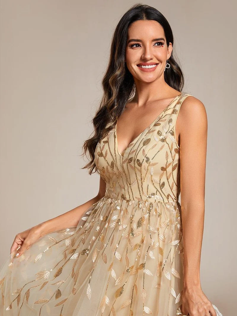 ever ROUX|Robe d'invité de mariage mi-longue trapèze à col en V et paillettes avec sans manches(Vente finale)