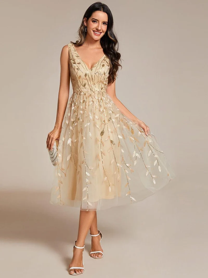 ever ROUX|Robe d'invité de mariage mi-longue trapèze à col en V et paillettes avec sans manches(Vente finale)