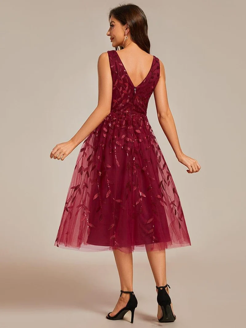 ever ROUX|Robe d'invité de mariage mi-longue trapèze à col en V et paillettes avec sans manches(Vente finale)