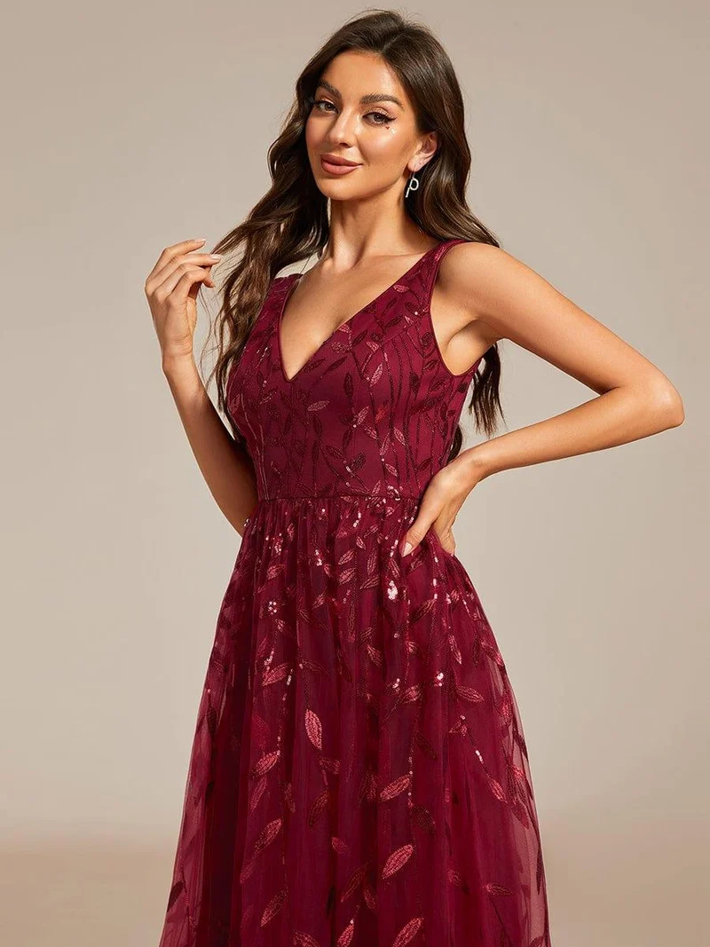 ever ROUX|Robe d'invité de mariage mi-longue trapèze à col en V et paillettes avec sans manches(Vente finale)