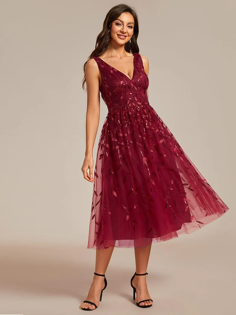 ever ROUX|Robe d'invité de mariage mi-longue trapèze à col en V et paillettes avec sans manches(Vente finale)