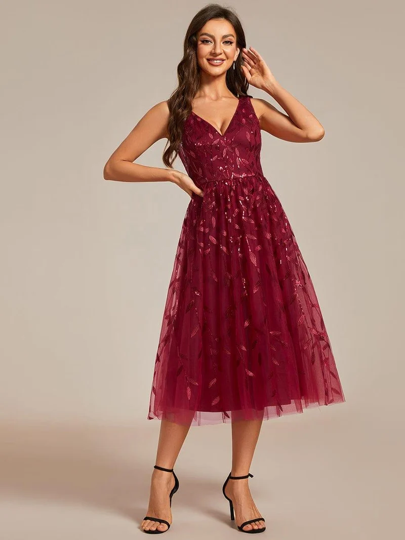 ever ROUX|Robe d'invité de mariage mi-longue trapèze à col en V et paillettes avec sans manches(Vente finale)