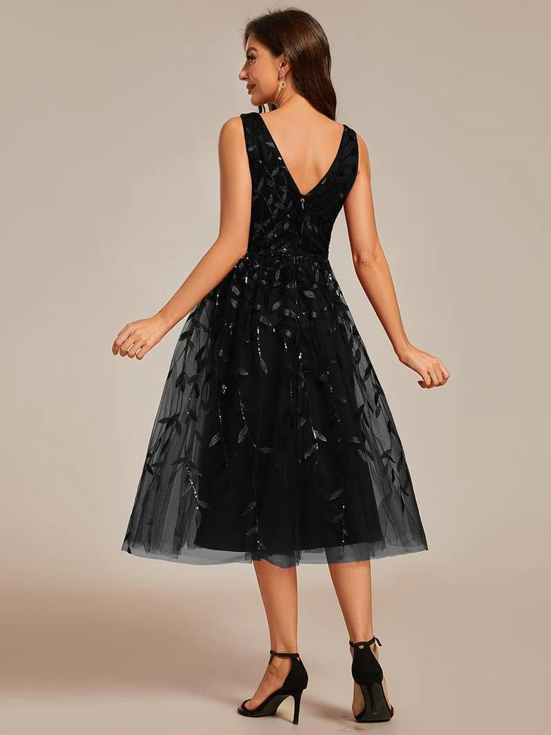 ever ROUX|Robe d'invité de mariage mi-longue trapèze à col en V et paillettes avec sans manches(Vente finale)