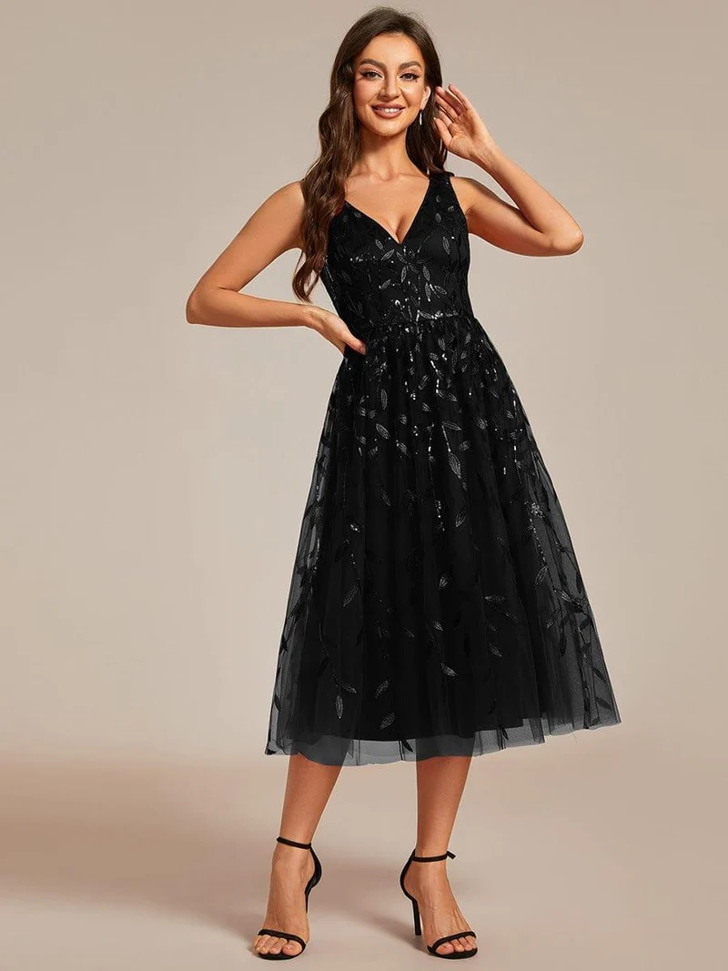 ever ROUX|Robe d'invité de mariage mi-longue trapèze à col en V et paillettes avec sans manches(Vente finale)