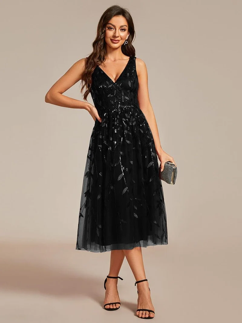 ever ROUX|Robe d'invité de mariage mi-longue trapèze à col en V et paillettes avec sans manches(Vente finale)