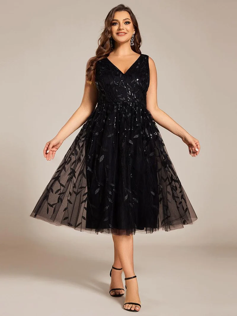 ever ROUX|Robe d'invité de mariage mi-longue trapèze à col en V et paillettes avec sans manches(Vente finale)