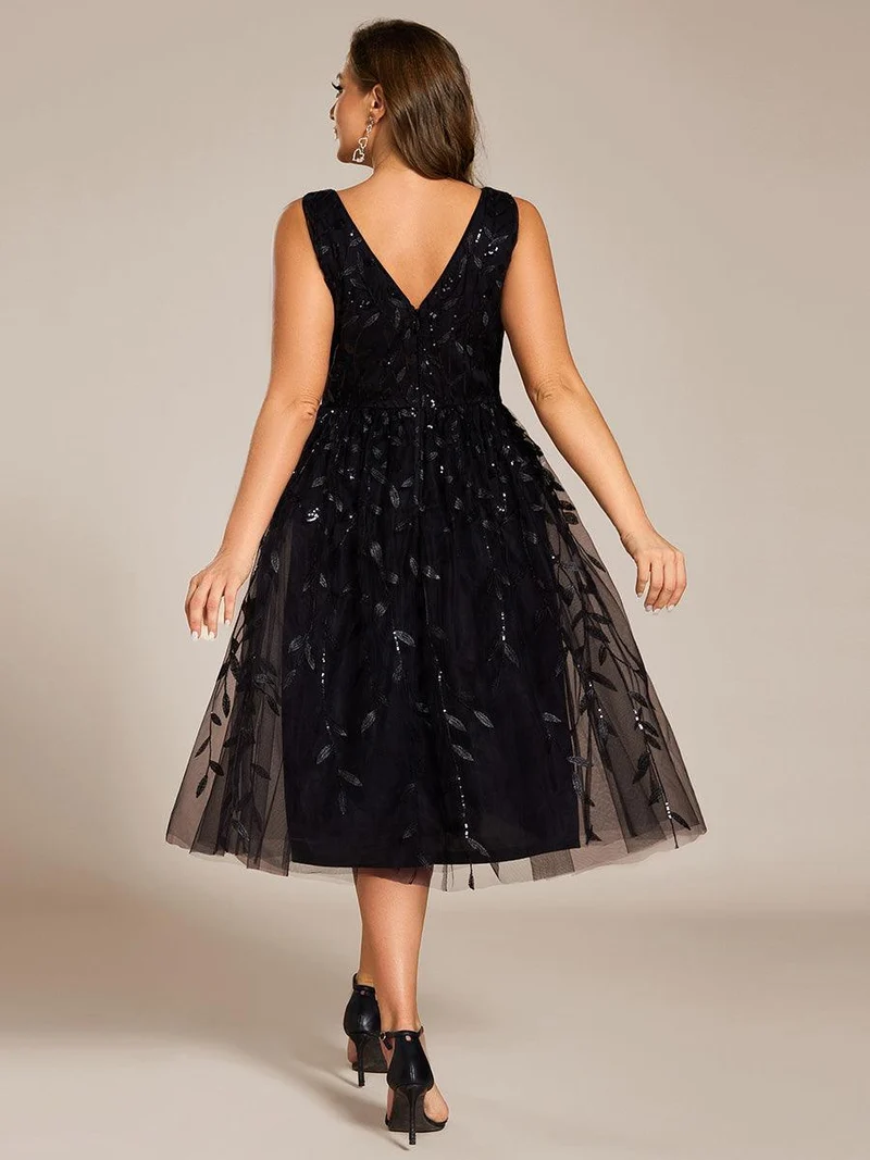 ever ROUX|Robe d'invité de mariage mi-longue trapèze à col en V et paillettes avec sans manches(Vente finale)