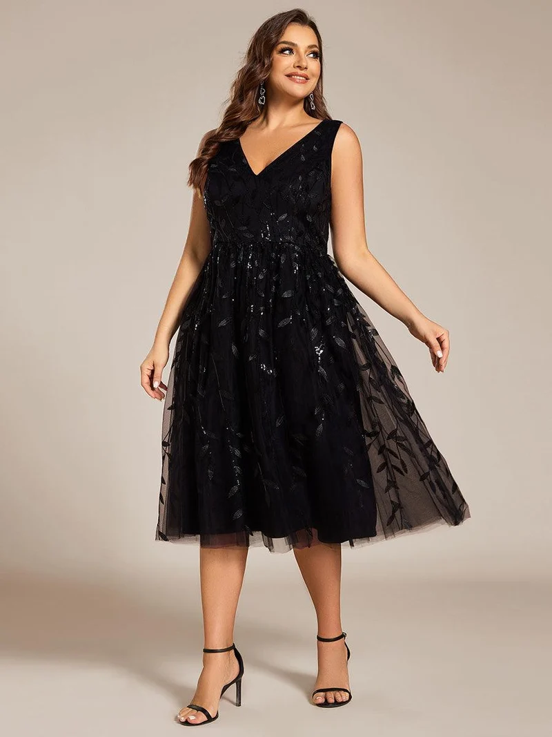 ever ROUX|Robe d'invité de mariage mi-longue trapèze à col en V et paillettes avec sans manches(Vente finale)