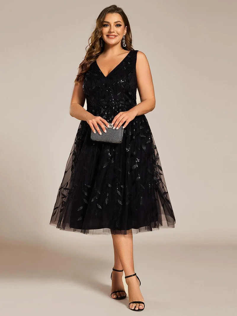 ever ROUX|Robe d'invité de mariage mi-longue trapèze à col en V et paillettes avec sans manches(Vente finale)