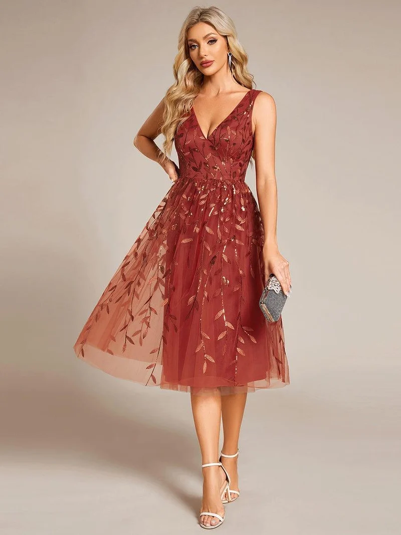 ever ROUX|Robe d'invité de mariage mi-longue trapèze à col en V et paillettes avec sans manches(Vente finale)