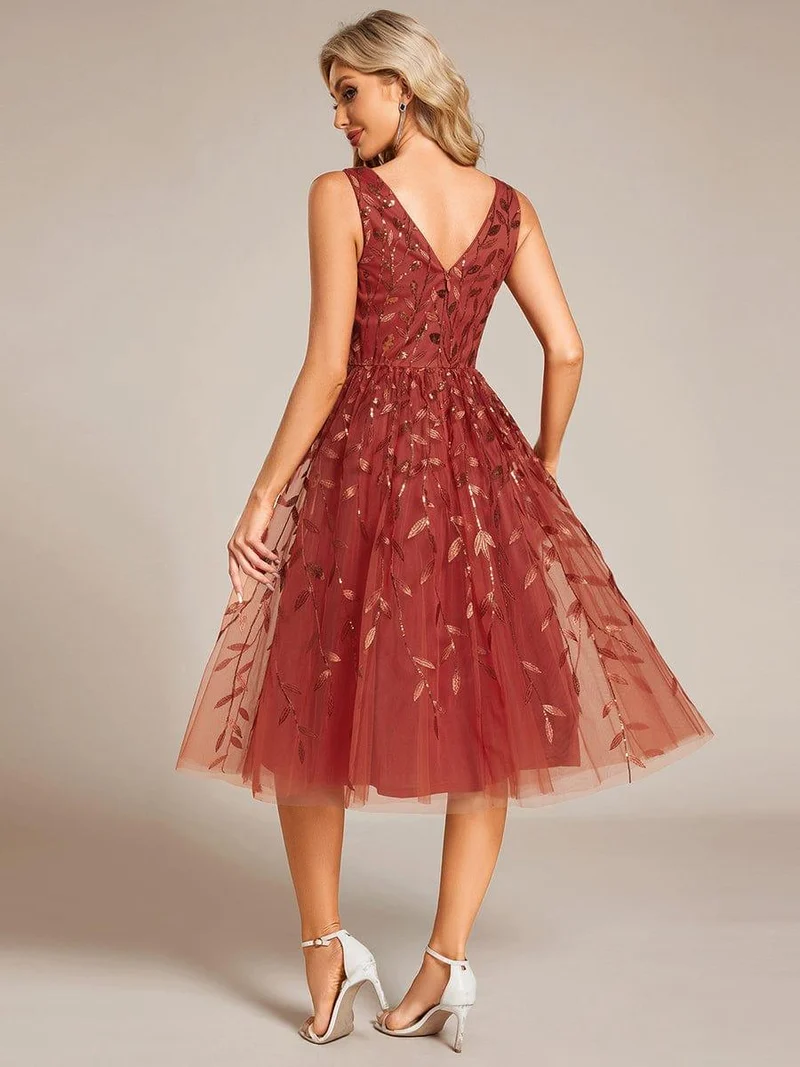 ever ROUX|Robe d'invité de mariage mi-longue trapèze à col en V et paillettes avec sans manches(Vente finale)