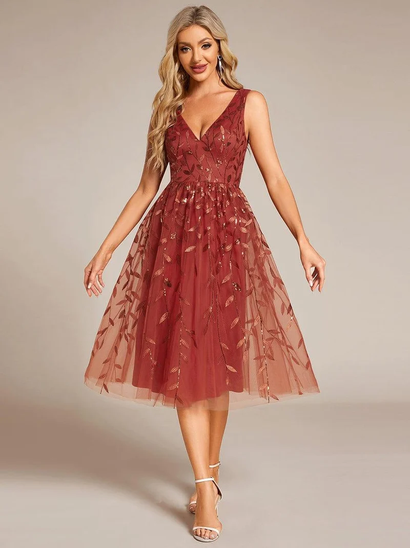 ever ROUX|Robe d'invité de mariage mi-longue trapèze à col en V et paillettes avec sans manches(Vente finale)