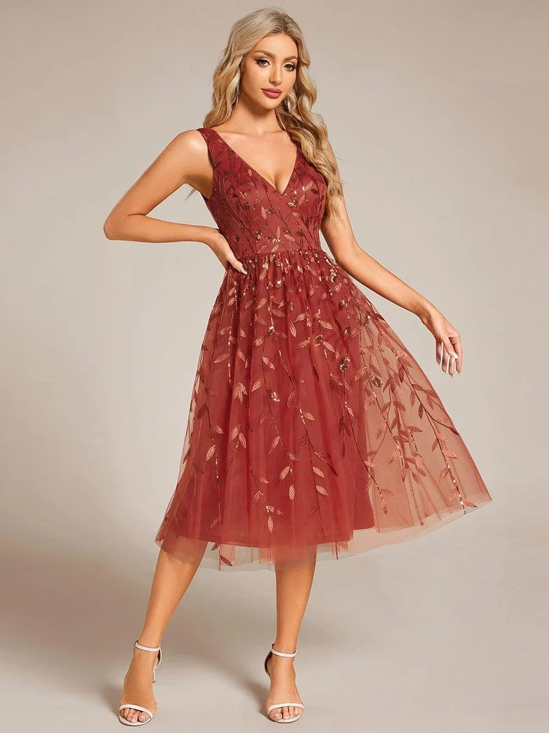 ever ROUX|Robe d'invité de mariage mi-longue trapèze à col en V et paillettes avec sans manches(Vente finale)
