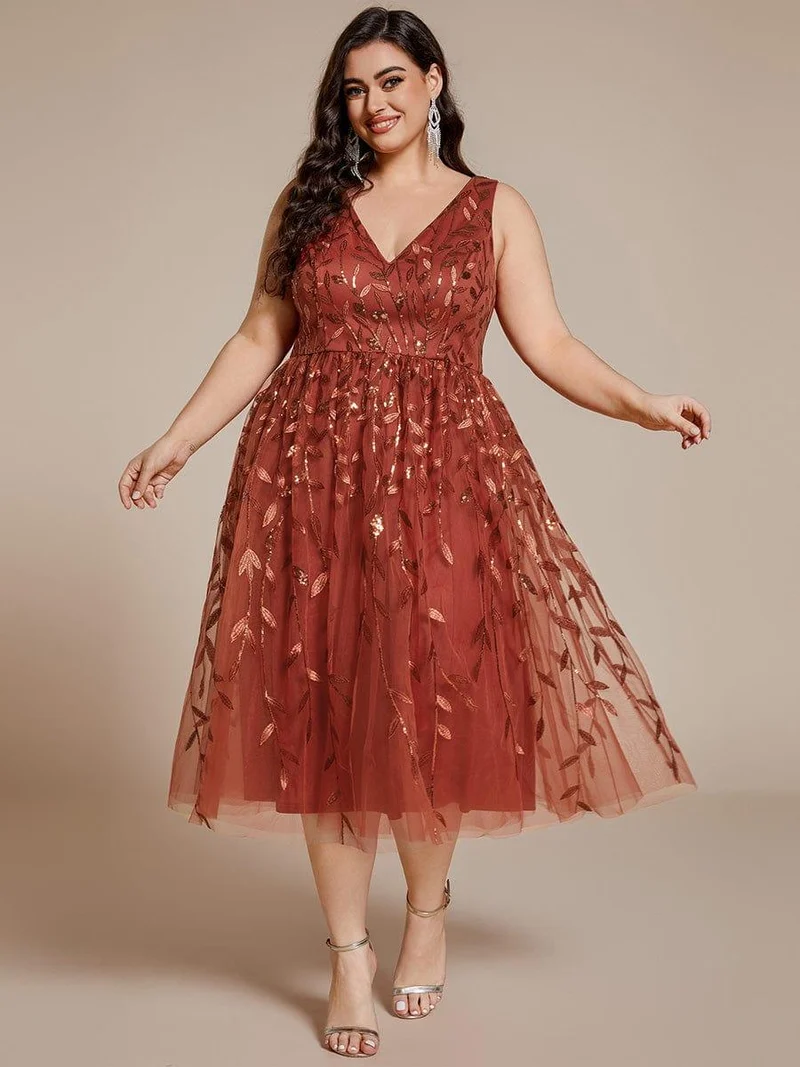 ever ROUX|Robe d'invité de mariage mi-longue trapèze à col en V et paillettes avec sans manches(Vente finale)