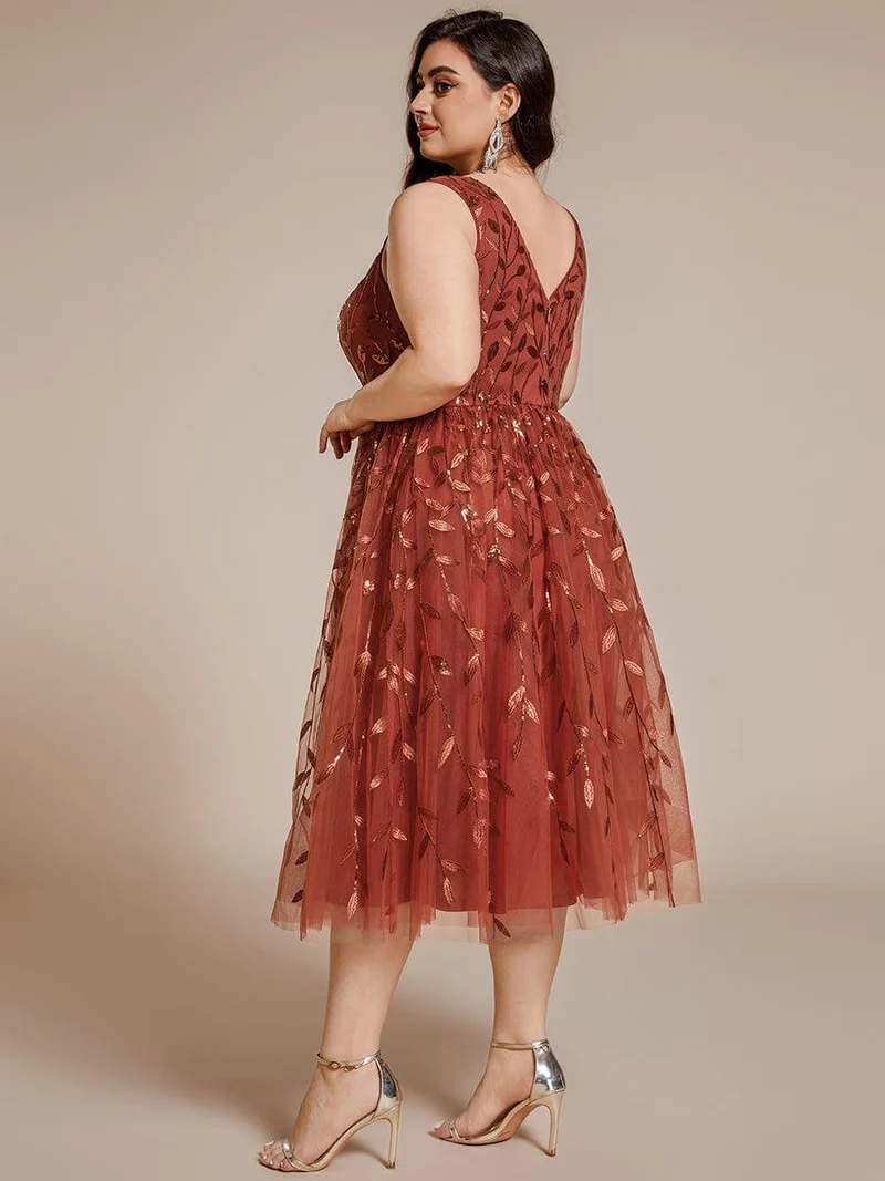 ever ROUX|Robe d'invité de mariage mi-longue trapèze à col en V et paillettes avec sans manches(Vente finale)