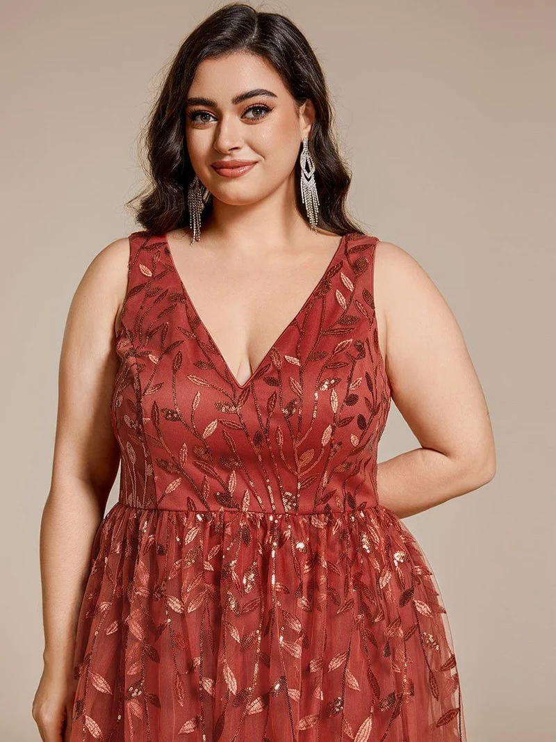 ever ROUX|Robe d'invité de mariage mi-longue trapèze à col en V et paillettes avec sans manches(Vente finale)