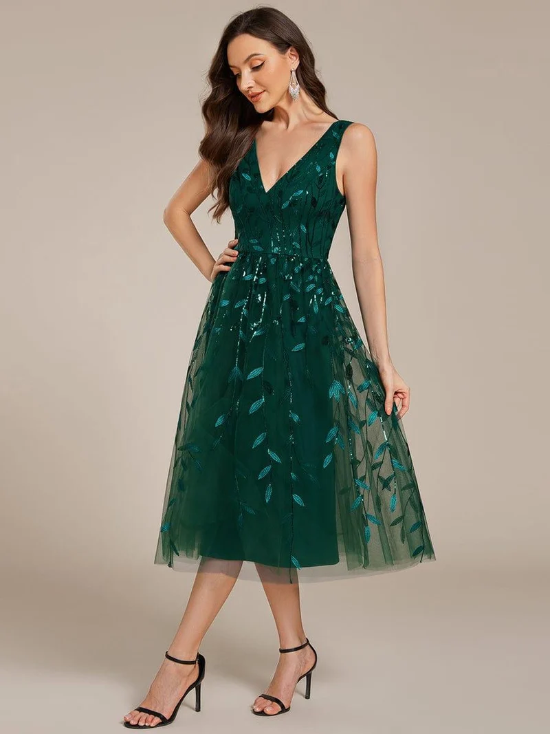 ever ROUX|Robe d'invité de mariage mi-longue trapèze à col en V et paillettes avec sans manches(Vente finale)