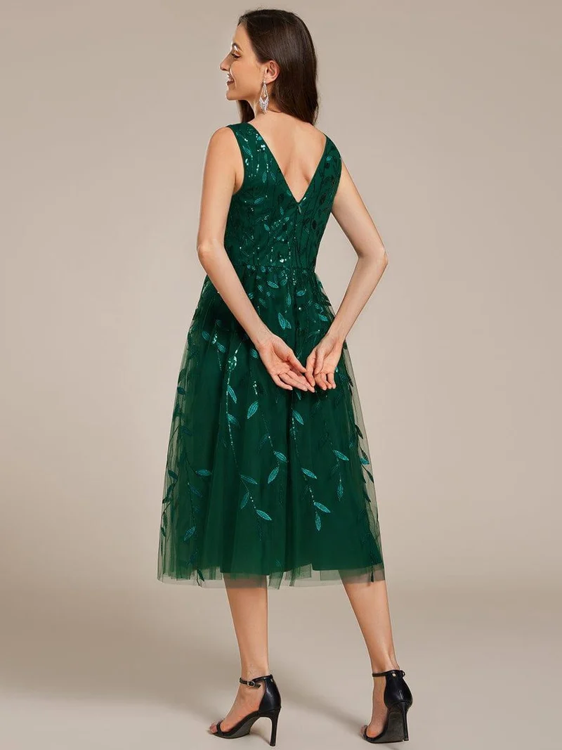 ever ROUX|Robe d'invité de mariage mi-longue trapèze à col en V et paillettes avec sans manches(Vente finale)