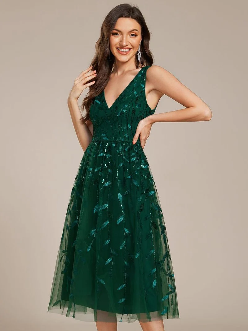 ever ROUX|Robe d'invité de mariage mi-longue trapèze à col en V et paillettes avec sans manches(Vente finale)