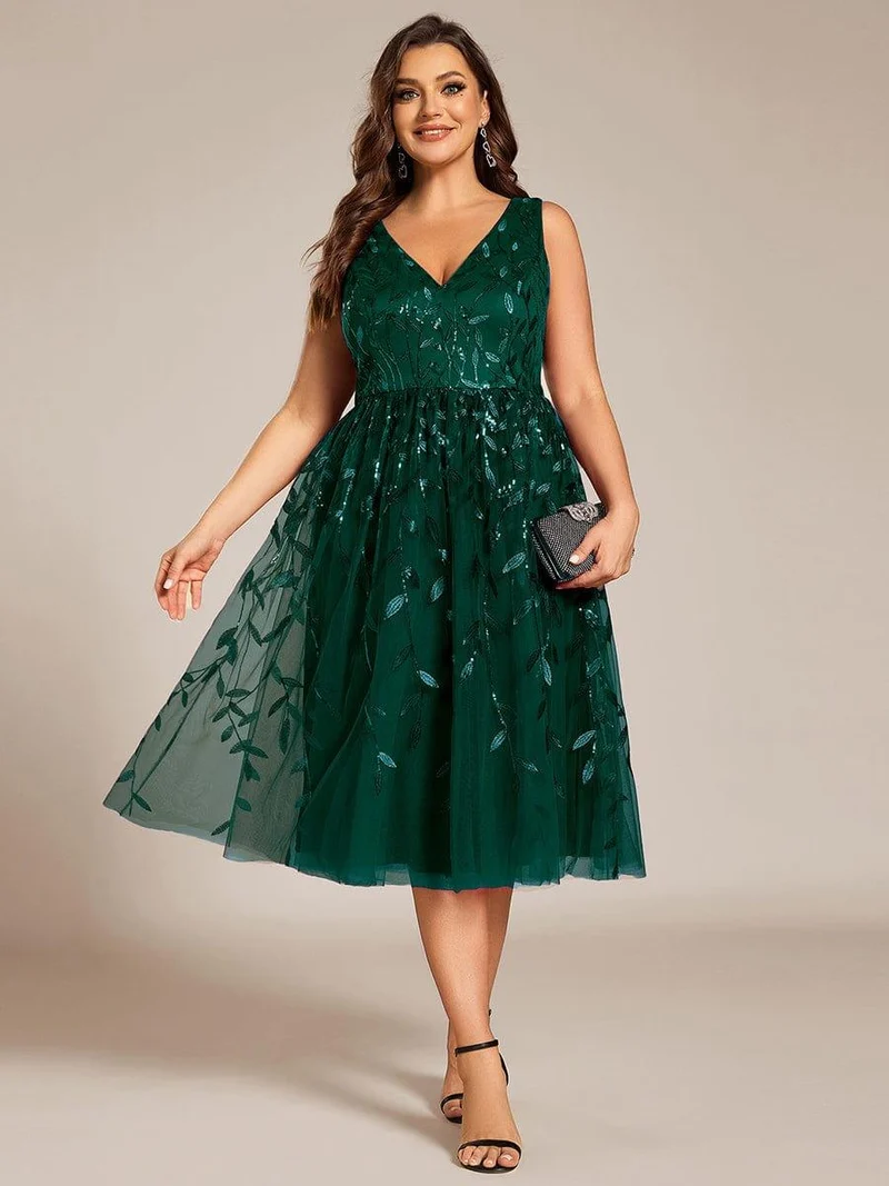 ever ROUX|Robe d'invité de mariage mi-longue trapèze à col en V et paillettes avec sans manches(Vente finale)